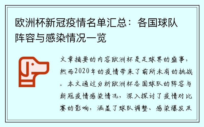欧洲杯新冠疫情名单汇总：各国球队阵容与感染情况一览