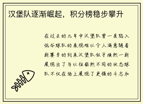 汉堡队逐渐崛起，积分榜稳步攀升