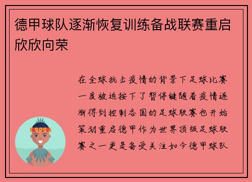 德甲球队逐渐恢复训练备战联赛重启欣欣向荣